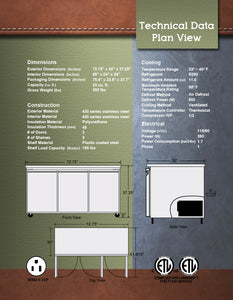 72" 3 Door Undercounter Refrigerator