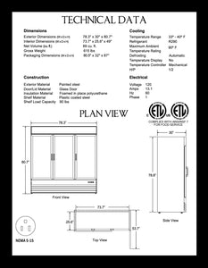 3 Door Reach-In Glass Door Refrigerator