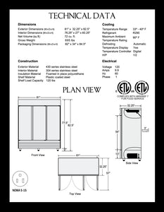 81" 3 Door Reach-In Refrigerator