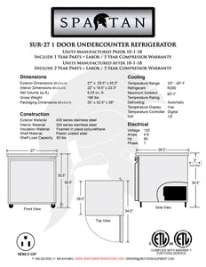 27" 1 Door Undercounter Refrigerator